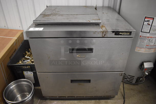 Delfield Stainless Steel Commercial Prep Table w/ 2 Drawers on Commercial Casters. 115 Volts, 1 Phase. 32x32x36. Cannot Test Due To Cut Power Cord