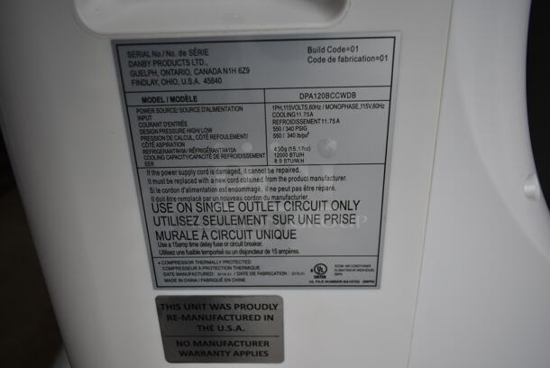 BRAND NEW SCRATCH AND DENT! Danby DPA120BCCWDB 12,000 BTU Portable Air Conditioner. 115 Volts, 1 Phase. Tested and Working! - Image 3 of 5