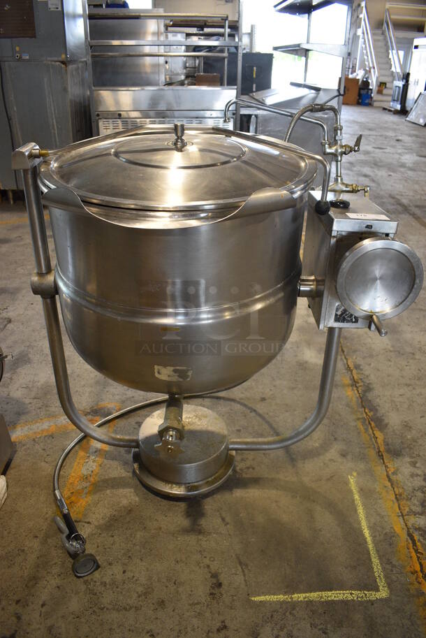 Cleveland Model KDP-40T Stainless Steel Commercial Floor Style Direct Steam Powered 40 Gallon Tilting Steam Kettle. 39x36x45