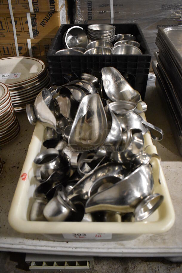 ALL ONE MONEY! Lot of 2 Bins of Various Metal Items Including Gravy Boats and Footed Bowls. Includes 8x4x4, 3.5x2x2.5, 4x4x2.5