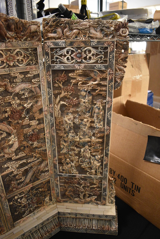 EXTREMELY RARE! ANTIQUE! Authentic 100+ Year Old Hand Carved Solid Ivory Decorative Screen w/ Dragon Motif. - Image 4 of 11