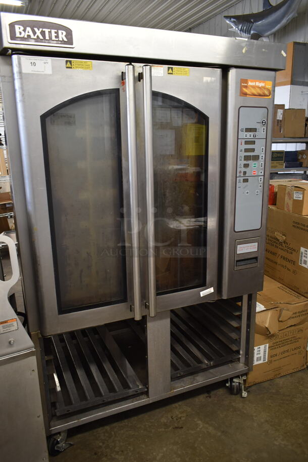 2014 Baxter OV310G Stainless Steel Commercial Natural Gas Powered Mini Rotating Rack Oven w/ Dual Pan Rack on Commercial Casters. 95,000 BTU.