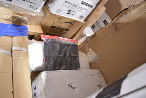 PALLET LOT of 25 BRAND NEW Boxes Including 2 Box 500TO883 Choice 8" x 8" x 3" Microwaveable 1-Compartment Black / Clear Plastic Hinged Container - 100/Case, 2 Box 795PTOBK3 Choice 7 3/4" x 5 1/2" x 2 1/2" Black Microwavable Folded Paper #3 Take-Out Container - 200/Case, 500TW14 Choice 14 oz. Translucent Thin Wall Plastic Cold Cup - 1000/Case, 966UPWIDEB1 OneUp by Choice White 1-Ply Wide Interfold 6 1/2" x 8 1/2" Dispenser Napkin - 6000/Case, 3941085XL Lavex Powder-Free Disposable Nitrile Black 5 Mil Thick Textured Gloves - Extra Large - 1000/Case, 4385M Noble Products White Powder-Free Disposable Latex Gloves for Foodservice - Medium - 1000/Case, Cambro UPCS400131 Ultra Pan Carrier® S-Series Dark Brown Front Loading Insulated Food Pan Carrier with Menu Clip / Pocket - Holds 6 Pans, 999RP10BKSS Visions Wave 10" Black Plastic Plate - 18/Pack, 2 Box 600BDR42 Regency 42" Stainless Steel Underbar Mount Beer Drip Tray. 25 Times Your Bid! - Image 10 of 12