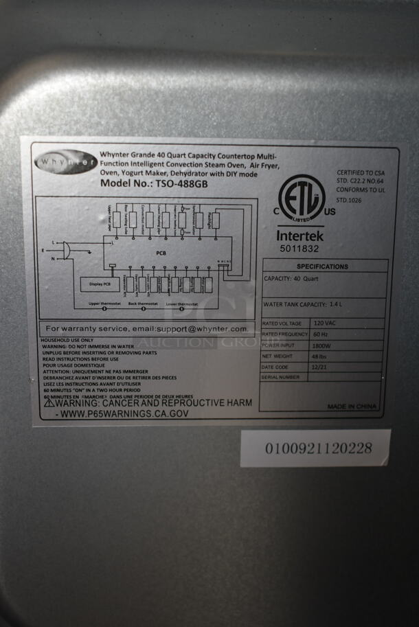 BRAND NEW SCRATCH AND DENT! Whynter TSO-488GB Stainless Steel Commercial Countertop Multi-Function Intelligent Convection Steam Oven Air Fryer. 120 Volts, 1 Phase. Tested and Working! - Image 9 of 9