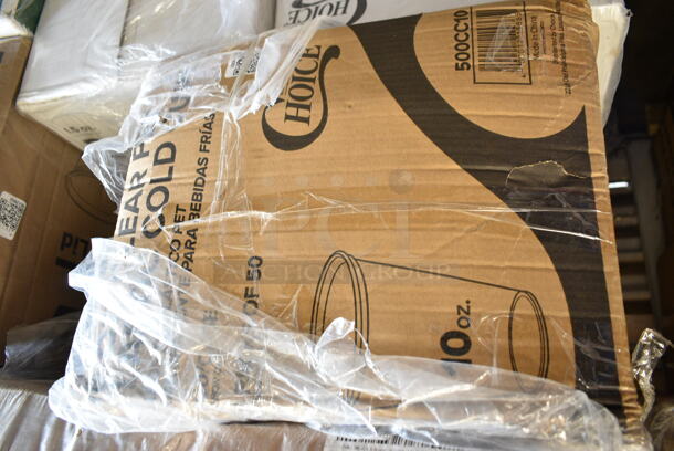 PALLET LOT of 30 BRAND NEW Boxes Including 2 Box 500LFLAT Choice Clear Plastic Flat Lid with Straw Slot - 32 oz. - 500/Case, 2 Box 795PTOKFT3 Choice Kraft Microwavable Folded Paper #3 Take-Out Container 7 3/4" x 5 1/2" x 2 1/2" - 200/Case, Clear Hinged Lid Containers, 2 Choice Black 1.5 oz Portion Cups, 500CC10 Choice 10 oz. Clear PET Plastic Cold Cup - 1000/Case, 2 Box Corrugated White Circles 12", Dinex DX3353IL03 DuraTherm Onyx Insulated 9 oz. Soup Bowl Lid - 48/Case, 2 Box 128HD8COMBO  ChoiceHD 8 oz. Microwavable Translucent Plastic Deli Container and Lid Combo Pack - 240/Case, 2 Box 394365M Medium Noble Gloves, Lavex Black 3946101M Gloves, 2 Box 500CC12 Choice Clear PET Customizable Plastic Cold Cup - 12 oz. - 1000/Case. 30 Times Your Bid! - Image 4 of 12