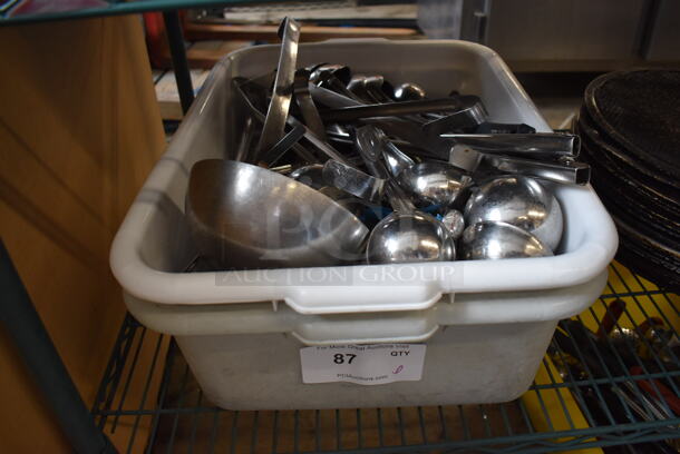 ALL ONE MONEY! Lot of Various Utensils Including Ladles in 2 White Poly Bus Bins