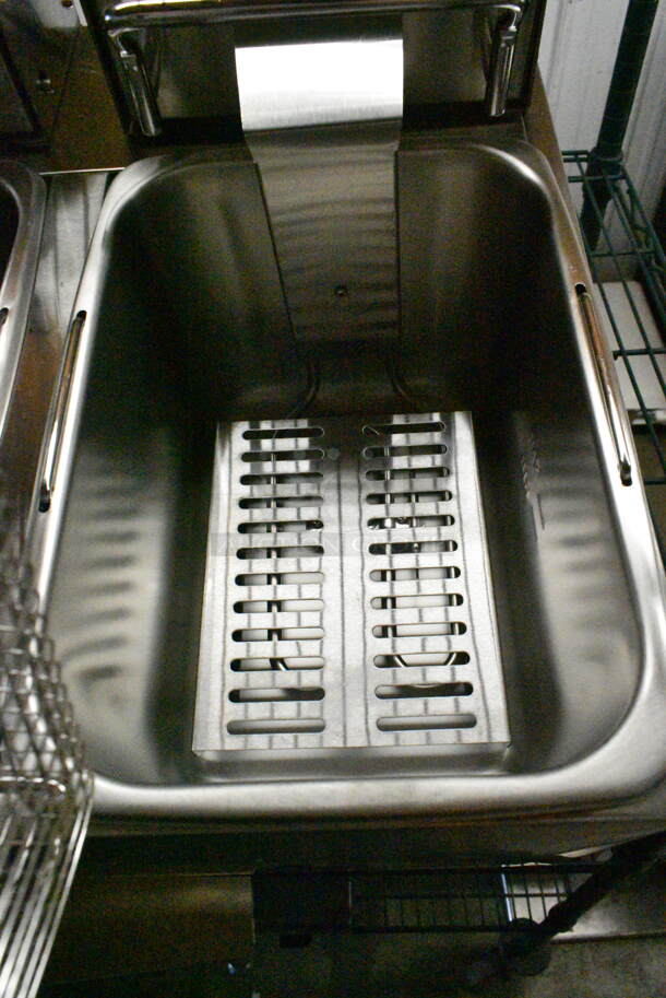 BRAND NEW SCRATCH AND DENT! 2024 Crosson CF-20 Stainless Steel Commercial Countertop Electric Powered 2 Bay Fryer w/ 2 Metal Fry Baskets and 2 Lids. 120 Volts, 1 Phase. - Image 5 of 9