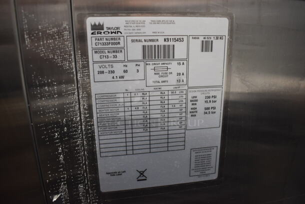 Taylor C713-33 Stainless Steel Commercial Floor Style Air Cooled 2 Flavor w/ Twist Soft Serve Ice Cream Machine on Commercial Casters. 208-230 Volts, 3 Phase. 25x38x60 - Image 7 of 9