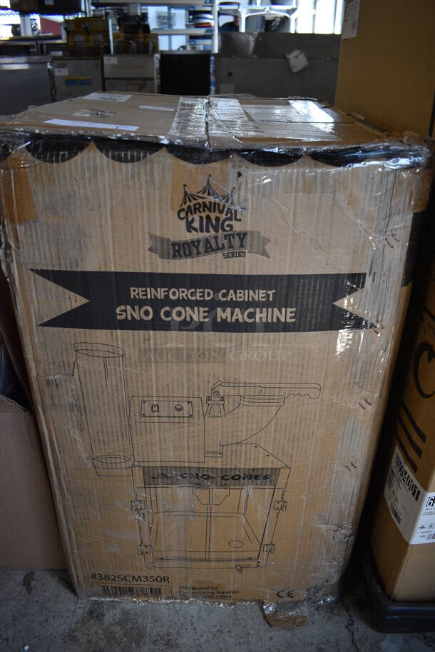 BRAND NEW IN BOX! Carnival King 382SCM350R Metal Commercial Countertop Sno Cone Ice Shaving Machine on Cabinet. 22x15x29