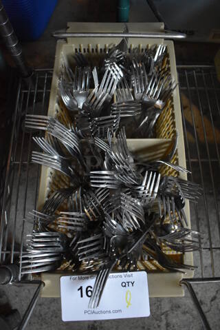 ALL ONE MONEY! Lot of Various Silverware in Tan Poly Silverware Caddy. 
