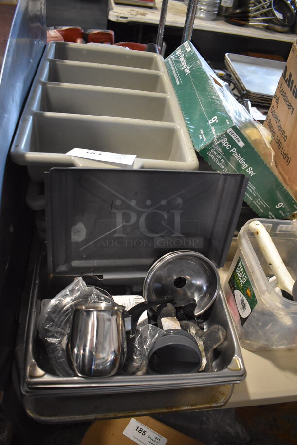 ALL ONE MONEY! Lot of Various Items Under Table Including Poly Silverware Bins, Painting Supplies and Plastic Lids - Image 3 of 12