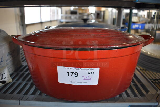 2 Ceramic Casserole Dishes w/ Lids. Blue and Red. 20x13x8. 2 Times Your Bid!