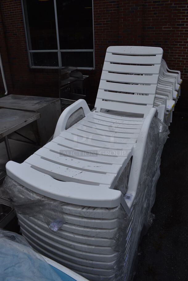6 BRAND NEW SCRATCH AND DENT! Lancaster Table & Seating White Stacking Adjustable Resin Chaise. 72x28x16. 6 Times Your Bid!