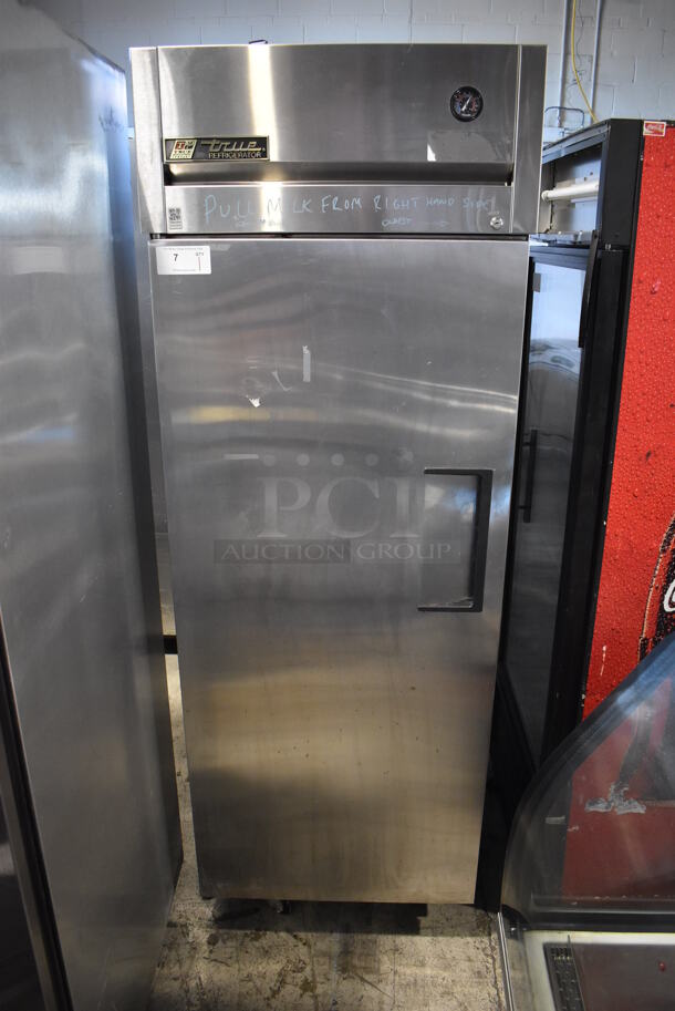 2016 True TG1R-1S ENERGY STAR Stainless Steel Commercial Single Door Reach In Cooler w/ Poly Coated Racks on Commercial Casters. 115 Volts, 1 Phase. 29x35x83. Tested and Working! - Image 1 of 4