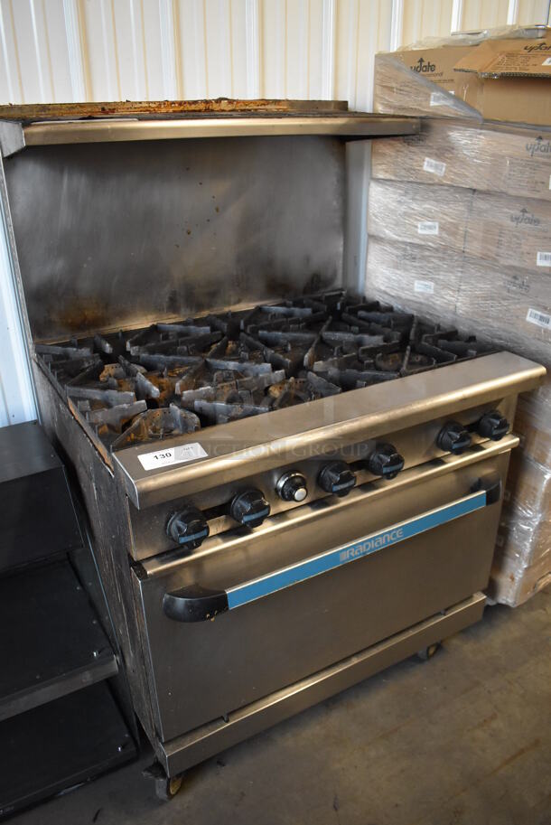 Radiance Stainless Steel Commercial Natural Gas Powered 6 Burner Range w/ Oven, Over Shelf and Back Splash on Commercial Casters. 36x33x57 - Image 3 of 6