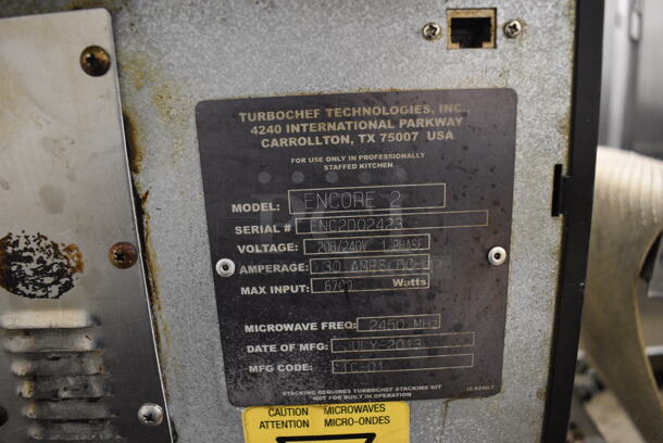 2 2013 Turbochef Encore 2 Metal Commercial Electric Powered Rapid Cook Ovens on Stainless Steel Double Stack Equipment Stand w/ Commercial Casters. 208/240 Volts, 1 Phase. 30x30x60. 2 Times Your Bid! Tested and Working! - Image 5 of 9
