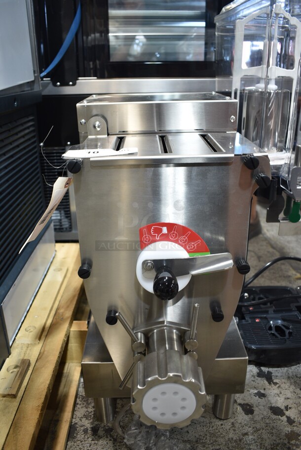 BRAND NEW SCRATCH AND DENT! Estella 348PEM9 Stainless Steel Commercial Countertop Extruder Pasta Machine. 120 Volts, 1 Phase. Tested and Powers On But Parts Do Not Move
 - Image 2 of 7