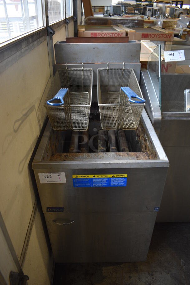 2019 Pitco Frialator 65C Stainless Steel Commercial Floor Style Natural Gas Powered Deep Fat Fryer w/ 2 Metal Fry Baskets. 150,000 BTU. 20x35x48