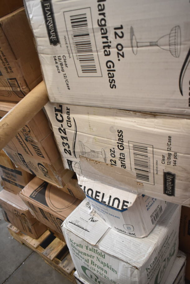 PALLET LOT of 38 BRAND NEW Boxes Including 2 Box 164CUSHWGGN Lancaster Table & Seating Spartan Series 2 1/2" Burgundy Vinyl Padded Seat for Chair and Barstool, 500COLLAR8BR EcoChoice 8 oz. Kraft Coffee Cup Sleeve / Jacket / Clutch - 1200/Case, 795PTOKFT8 Microwavable Folded Paper #8 Take-Out Container 6" x 4 5/8" x 2 1/2", 500L1020B Choice Black Paper Cup Lids, 760SOUP16WPA Choice 16 oz. White Double Poly-Coated Paper Food Cup with Vented Paper Lid - 250/Case, 2 Box 129MCR16B Choice 16 oz. Black 6 1/4" Round Microwavable Heavy Weight Container with Lid - 10/Pack, 2 Box Fineline Flairware 2312-CL 12 oz. Plastic Margarita with Clear Base - 144/Case, 5080-BK Fineline 5080-BK Super Bowl 80 oz. Black PET Plastic Bowl - 25/Case, 966TALLFLDN Choice Kraft Natural Tall-Fold 6" x 13" Dispenser Napkin - 8000/Case, 347TCL10 Choice 10 oz. Clear Disposable Plastic Tumbler - 500/Case. 38 Times Your Bid! - Image 5 of 8