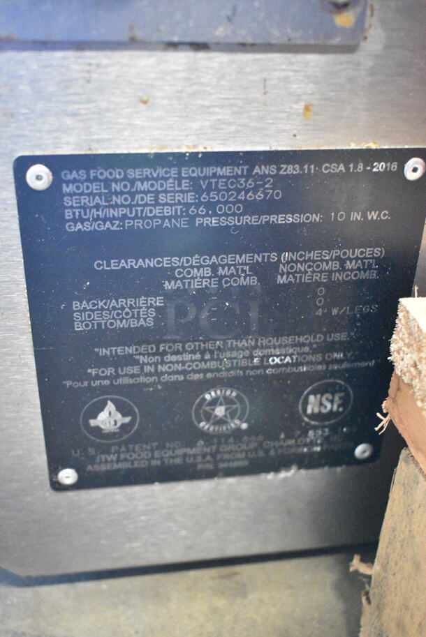 Vulcan VTEC36-2 Stainless Steel Commercial Countertop Propane Gas Powered Charbroiler Grill. 66,000 BTU.  - Image 5 of 5