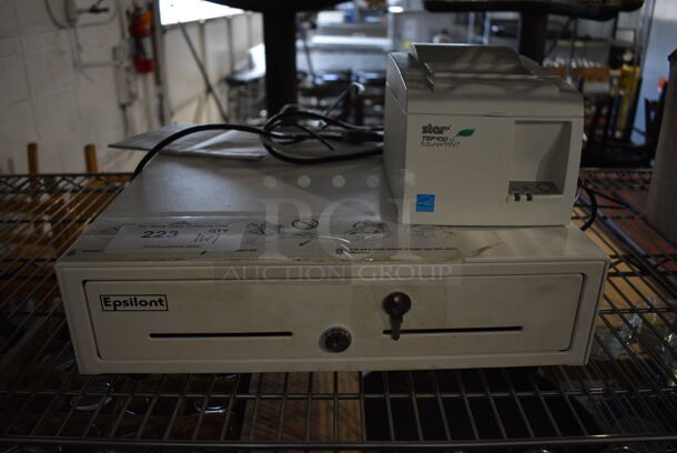 White Metal Cash Drawer and Star Model TSP100 Receipt Printer. 16x16.5x4, 6x8x6