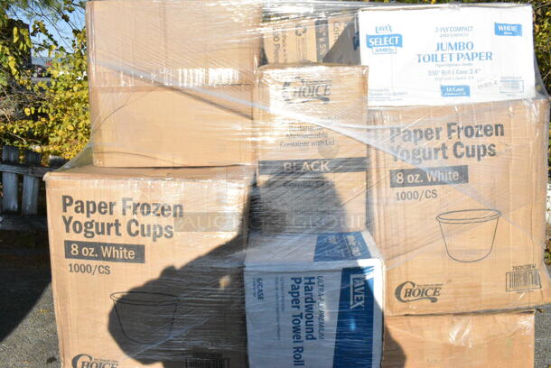27 BRAND NEW! Boxes Including 760IC08W Choice 8 oz. White Paper Frozen Yogurt / Food Cup - 1000/Case, 5002TPJSELCM Toilet Paper, 5008DWALLW Choice 8 oz. Tall White Smooth Double Wall Paper Hot Cup - 500/Case. 27 Times Your Bid!  - Image 4 of 7