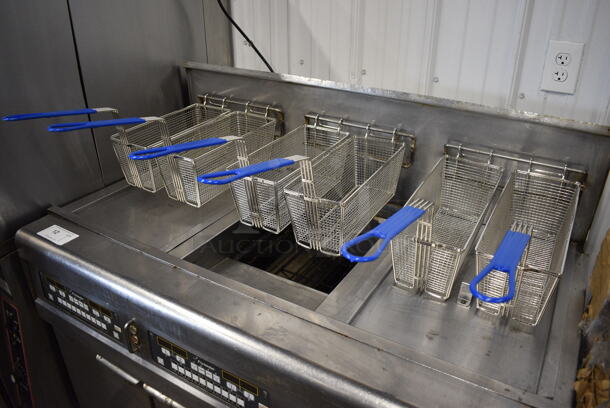 2010 Frymaster Model BIGLA330CSD Stainless Steel Commercial Floor Style Natural Gas Powered 3 Bay Deep Fat Fryer w/ 6 NEW Metal Fry Baskets and 2 Lids on Commercial Casters. 75,000 BTU. 48x33x48.5 - Image 3 of 11