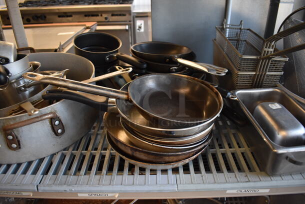 ALL ONE MONEY! Tier Lot of Various Items Including Metal Skillets, Metal Stock Pot, Fry Baskets, China Cap Strainer - Image 8 of 12