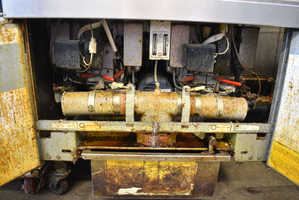Frymaster FMPH255CSC Stainless Steel Commercial Natural Gas Powered 2 Bay Fryer w/ Dumping Station and Filtration System on Commercial Casters. 80,000 BTU.  - Image 8 of 10