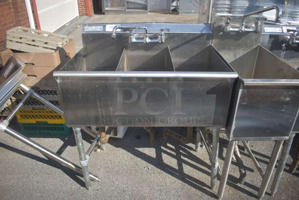 KCS KCS-SQS2136-3A Commercial Stainless Steel Wall Mount 3 Bay Sink With Splash Mount Faucet On Galvanized Legs. - Image 1 of 6