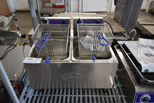 BRAND NEW SCRATCH AND DENT! 2023 Globe PF32E Stainless Steel Commercial Countertop Electric Powered Fryer w/ 2 Metal Fry Baskets. 208/240 Volts, 1 Phase. Tested and Working!
 - Image 1 of 8