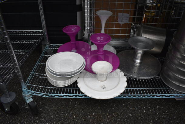 ALL ONE MONEY! Lot of 5 Tiers of Various Smallwares Including White Ceramic Plates, Dish Caddy, Scales, Cake Stands. Does Not Include Shelving Unit - Image 7 of 8
