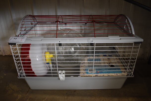 Rabbit / Small Animal Cage w/ Gray Poly Base, White and Red Cage Pieces, Running Ball and NEW Cage Bedding. 31x19.5x21