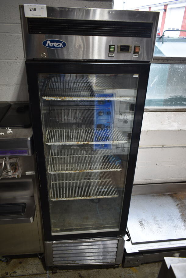 2015 Atosa MCF8705 Stainless Steel Commercial Single Door Reach In Cooler Merchandiser w/ Poly Coated Racks. 115 Volts, 1 Phase. Tested and Powers On But Does Not Get Cold