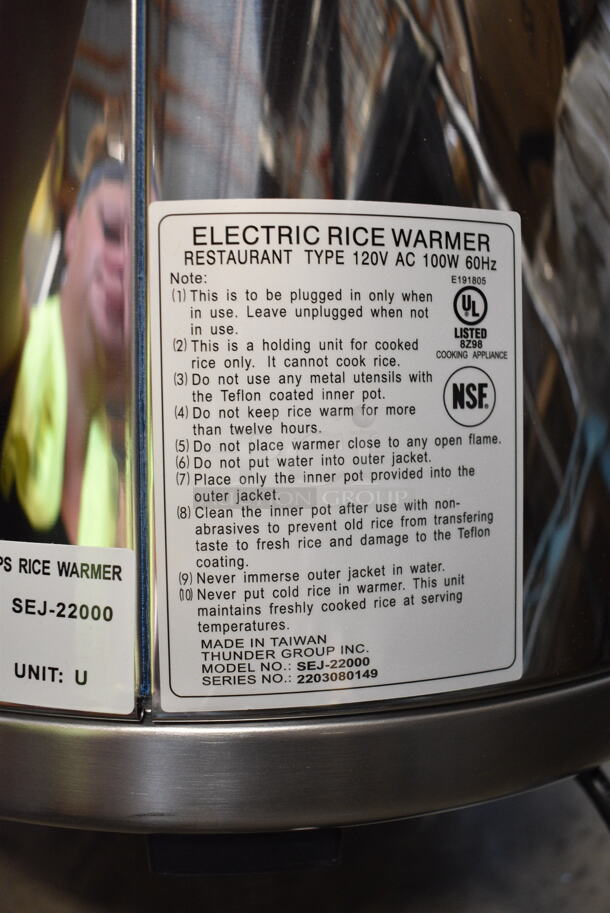 BRAND NEW SCRATCH AND DENT! Thunder Group SEJ22000 50 Cup Rice Warmer with Stainless Steel Finish. 120 Volts, 1 Phase. Tested and Working! - Image 5 of 5