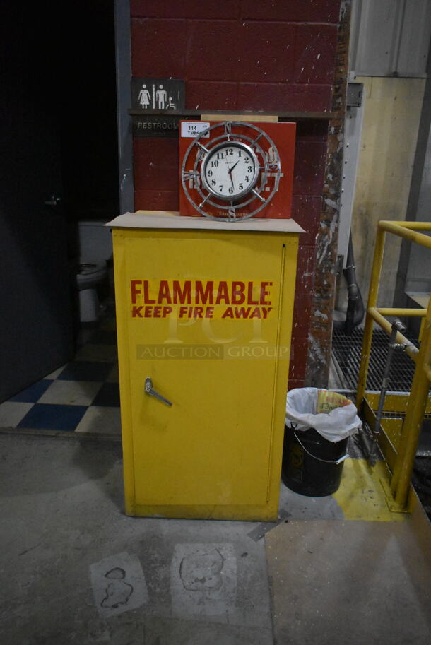 ALL ONE MONEY! Lot of Various Items Including Yellow Cabinet, Clock and Fabric. BUYER MUST REMOVE. - Image 1 of 3