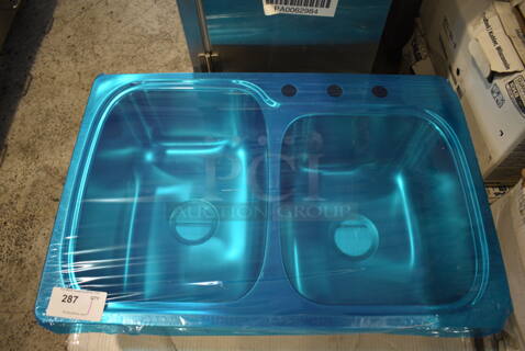 BRAND NEW IN BOX! Kohler 75791-3-NA Stainless Steel Double Offset Drop In Sink. 33x22x9. Bays 14.5x18.5x9, 14.5x15.5x9