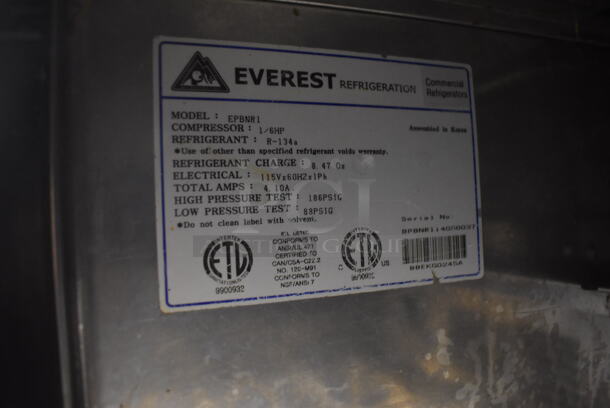 Everest EPBNR1 Stainless Steel Commercial Sandwich Salad Prep Table Bain Marie Mega Top on Commercial Casters. 115 Volts, 1 Phase. 28x30x45. Tested and Powers On But Does Not Get Cold - Image 6 of 6