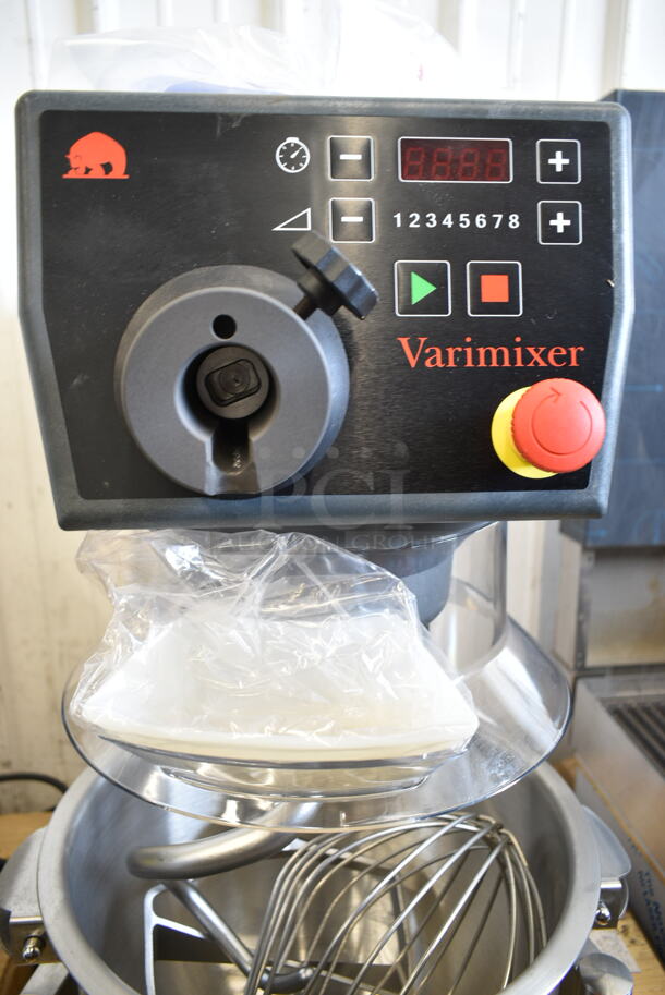 BRAND NEW! 2022 Varimixer V20KT Metal Commercial Countertop 20 Quart Planetary Dough Mixer w/ Stainless Steel Mixing Bowl, Bowl Guard, Whisk, Paddle and Dough Hook Attachments. 120 Volts, 1 Phase. Tested and Working! - Image 7 of 9