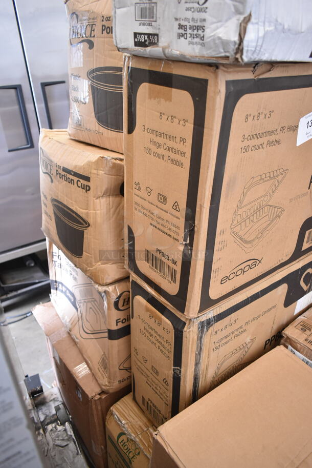 PALLET LOT of 23 BRAND NEW Boxes Including 2 Box 129MCR32B Choice 32 oz. Black Round Microwavable Heavy Weight Container with Lid 7 1/4" - 150/Case, 2 Box PP8835-BK Containers, Ivory PP883s Containers, PP883-BK Containers, 127P2B Choice Black 2 oz Portion Cups, 130HFBK1M Visions Black Heavy Weight Plastic Fork - Case of 1000, 4 Box Lancaster Table and Seating 164TB2222 22" x 22" Cross Cast Iron Table Base Plate. 23 Times Your Bid! - Image 6 of 9
