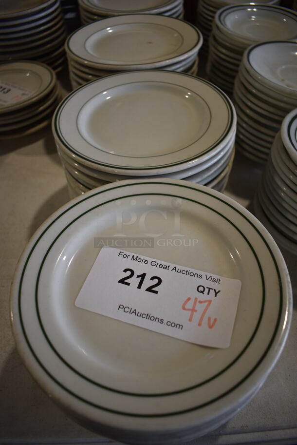 47 White Ceramic Plates w/ Green Lines on Rim. 7.5x7.5x1. 47 Times Your Bid! - Image 2 of 4