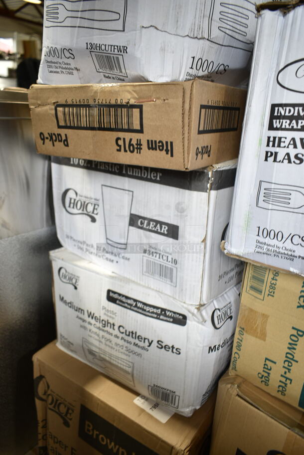 PALLET LOT of 28 BRAND NEW Boxes Including 4 Box 130HCUTFWR Visions Individually Wrapped White Heavy Weight Plastic Fork - 1000/Case, 130BKFSH Visions Wrapped Black Heavy Weight Plastic Cutlery Pack with Knife, Fork, and Spoon - 500/Case, 2 Box 395RP07 EcoChoice Compostable Sugarcane / Bagasse 7" Plate - 1000/Case, 394385L Noble Products White Powder-Free Disposable Latex Gloves for Foodservice - Large - 1000/Case, 612509PCO Choice 9" Round Standard Weight Foil Take-Out Pan with Dome Lid - 200/Case, 795PTOKFT2 Choice 7 3/4" x 5 1/2" x 2" Kraft Microwavable Folded Paper #2 Take-Out Container - 200/Case, 347TCL10 Choice 10 oz. Clear Disposable Plastic Tumbler - 500/Case, 346WKFSM Choice Medium Weight White Wrapped Plastic Cutlery Set with Knife, Fork, and Spoon - 500/Case, 627SSRD35175 Fat Daddio's SSRD-35175 ProSeries 3 1/2" x 1 3/4" Stainless Steel Round Cake / Food Ring Mold, Georgia Pacific Roll Towels 89440, AD12 Genpak 12 oz. Clear Hinged Deli Container - 200/Case, 5008W Choice 8 oz. Tall White Poly Paper Hot Cup - 1000/Case,  50010DWALLC Choice 10 oz. Coffee Break Print Smooth Double Wall Paper Hot Cup - 500/Case, 2 Box 15003545 Carnival King 5 1/2" x 3 1/4" x 12" Qt. Size Unprinted Foil Bag - 500/Case, 612P527 Choice 7" Clear Round Plastic Dome Lid - 500/Case. 28 Times Your Bid!  - Image 4 of 12