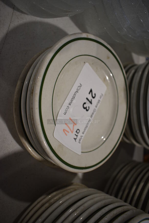 17 White Ceramic Plates w/ Green Lines on Rim. 6.5x6.5x1. 17 Times Your Bid! - Image 2 of 3
