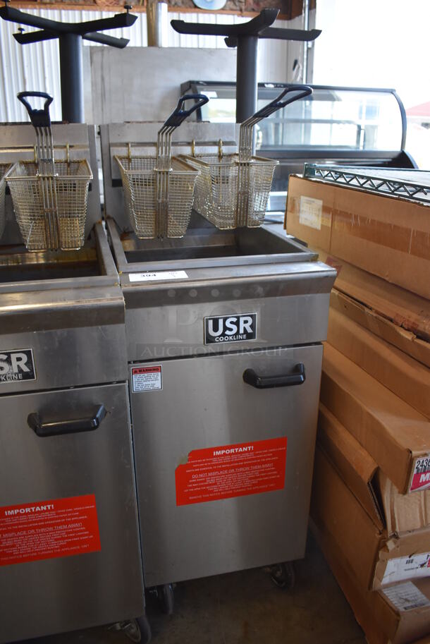 2019 USR Cookline CF-40 Stainless Steel Commercial Floor Style Natural Gas Powered Deep Fat Fryer w/ 2 Metal Fry Baskets on Commercial Casters. 90,000 BTU. 16x30x45 - Image 4 of 10