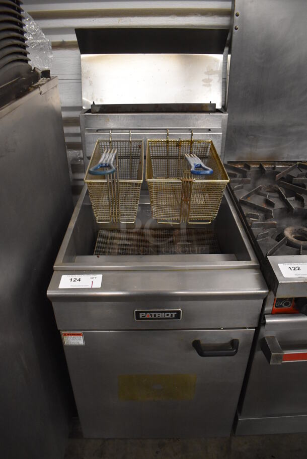 2015 Patriot FM-150/NG Stainless Steel Commercial Floor Style Natural Gas Powered Deep Fat Fryer w/ 2 Metal Fry Baskets on Commercial Casters. 150,000 BTU. 21x30x55
