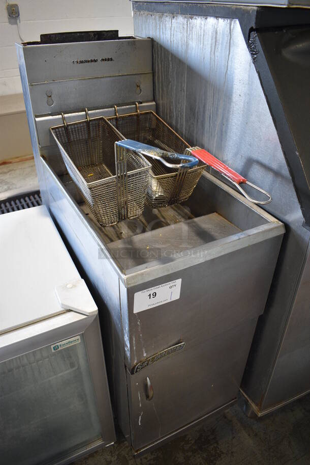 2015 Sir Lawrence Model 40C+ Stainless Steel Commercial Floor Style Natural Gas Powered Deep Fat Fryer w/ 2 Metal Fry Baskets. 105,000 BTU. 15.5x30x48 - Image 2 of 6