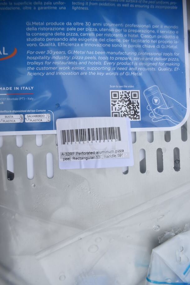 BRAND NEW SCRATCH AND DENT! GI Metal Azzurra 13'' Anodized Aluminum Square Perforated Pizza Peel with 59'' Handle A-32RF. May Be Missing Pieces.  - Image 3 of 5