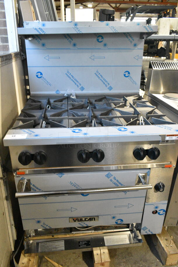 BRAND NEW SCRATCH AND DENT! Vulcan 36S-6BN Stainless Steel Commercial Floor Style Natural Gas Powered Range w/ Oven, Over Shelf and Back Splash. 215,000 BTU - Image 2 of 9