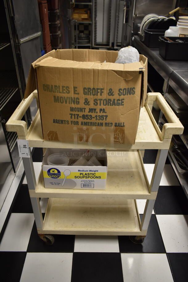 Tan Poly 3 Tier Cart w/ Push Handles and Contents on Commercial Casters. (kitchen #2)