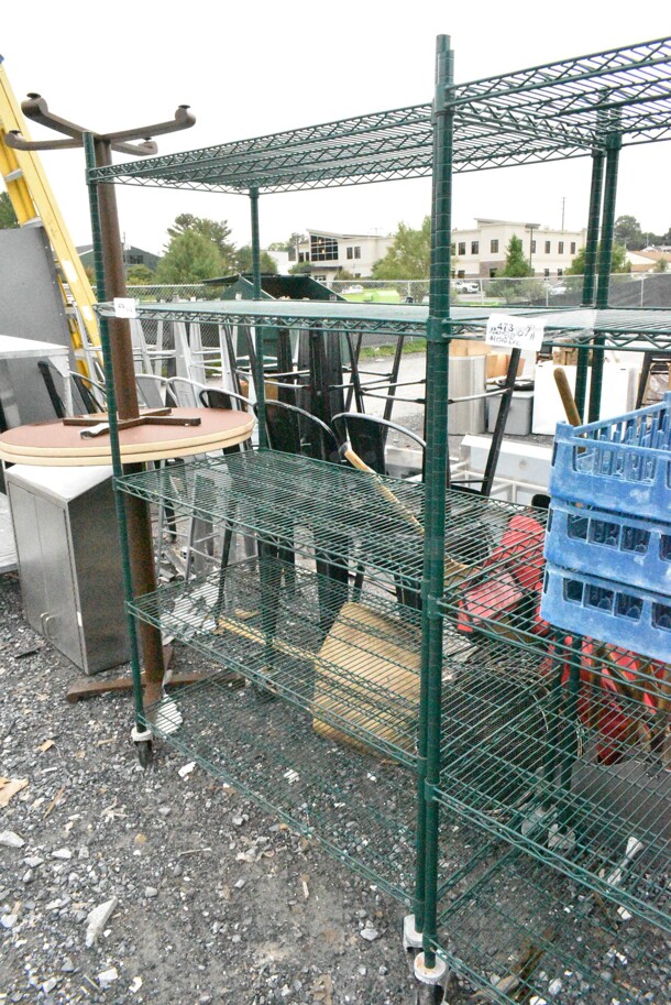 Green Finish 5 Tier Wire Shelving Unit on Commercial Casters. BUYER MUST DISMANTLE. PCI CANNOT DISMANTLE FOR SHIPPING. PLEASE CONSIDER FREIGHT CHARGES.  - Image 2 of 4